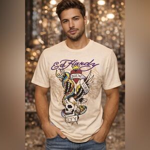 New Ed Hardy Rhinestone Skull Snake Graphic Mens Size T-shirt White Tattoo